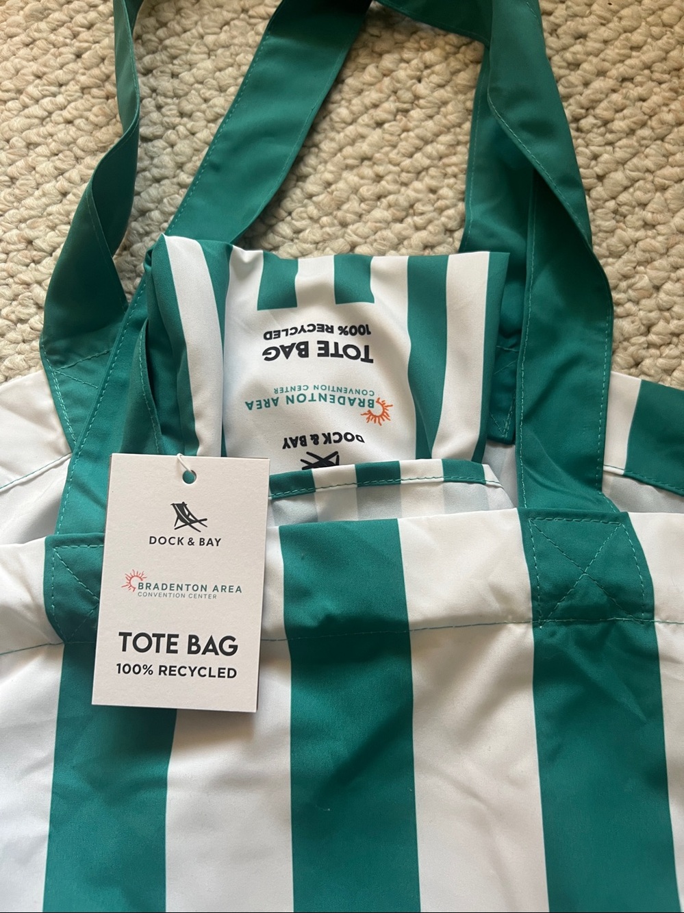 Dick & Bay Striped Green & White Foldaway Tote Bag Brandenton Area - Picture 3 of 7